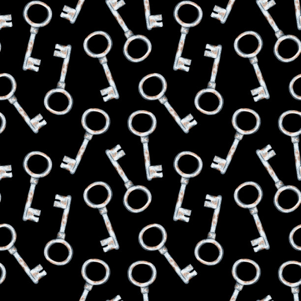 生锈的铁钥匙无缝模式。水彩插图。孤立在黑色背景上。图片下载