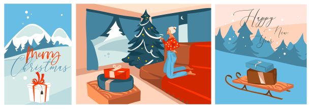 手绘矢量抽象图形圣诞快乐和新年快乐插图贺卡与快乐的女性和圣诞树。圣诞快乐可爱卡片设计背景。冬季户外卡。图片下载