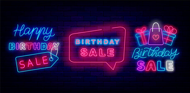 生日大甩卖霓虹灯招牌收藏。周年特惠。礼物和袋子。节日营销。矢量图图片下载