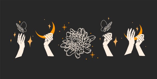 手绘矢量抽象图形插画与标志元素集合集，神奇的新月，蝴蝶，花朵，月亮和人的手白色剪影，孤立。神秘的蝴蝶设计概念。图片下载