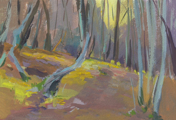 秋山水水粉画。图片下载