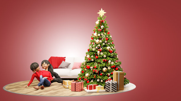 3D插图渲染。卡通人物年轻夫妇庆祝圣诞节和快乐的新年图片下载