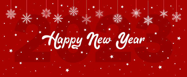 新年快乐的横幅，白色的文字和红色的背景雪花。平面矢量图图片下载
