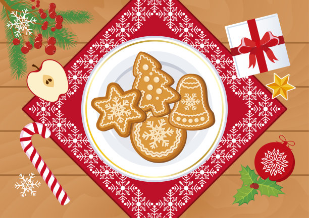 圣诞木桌姜饼和装饰顶视图矢量图片下载