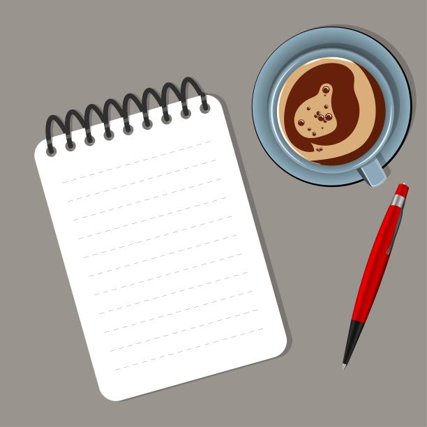 笔记本，一杯咖啡，灰色背景。矢量图图片下载
