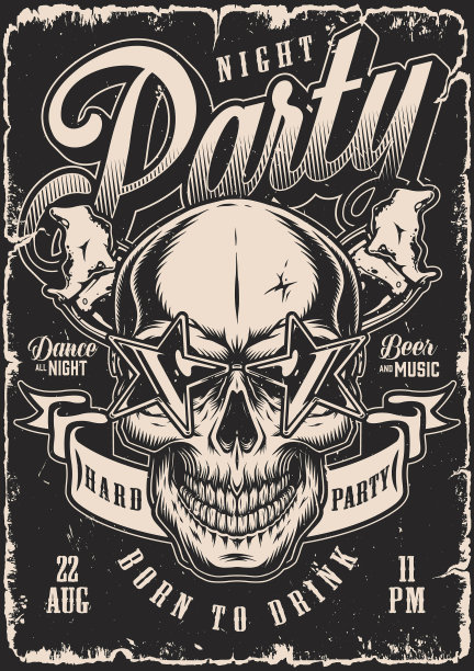夜晚派对海报单色复古图片下载