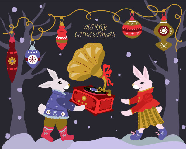 可爱的有兔子的圣诞卡。矢量图图片下载