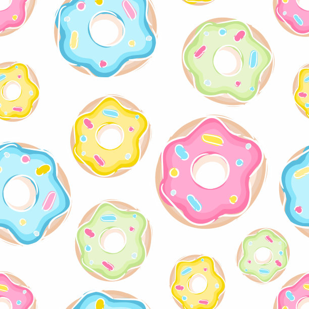 无缝模式与黄色，蓝色和紫色甜甜圈，手绘插图与白色孤立的背景图片下载