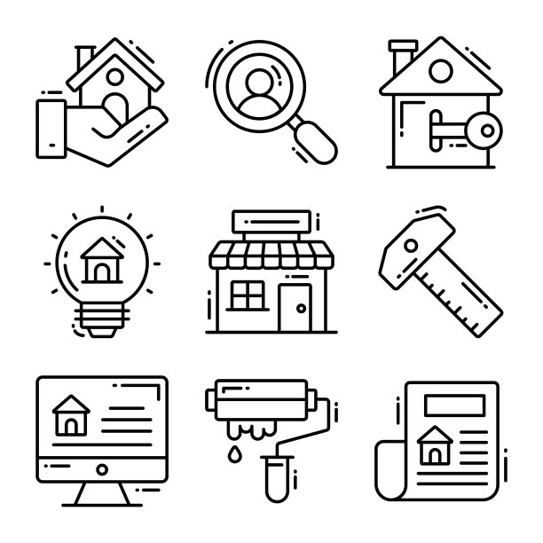 房地产图标集，优质品质。简洁的细线设计。现代符号收藏。图片下载
