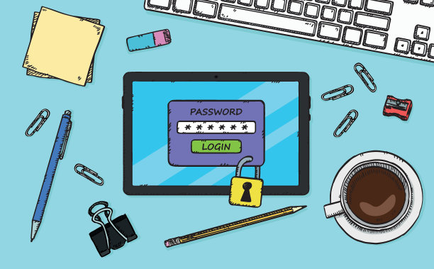 一张手绘插图，展示的是一台锁着门禁的平板电脑躺在办公桌上。访问由打开它所需的密码保护。图片下载