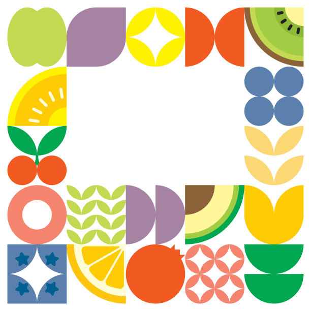 几何夏天新鲜水果切艺术海报与色彩斑斓的简单形状。斯堪的纳维亚风格的平面抽象矢量图案设计。白色背景上的水果和树叶的极简插画。图片下载