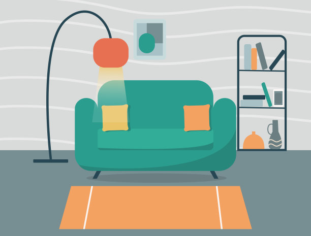 客厅内部。舒适的2D卡通公寓内部与背景家具。家居。股票矢量插图，eps 10。图片下载