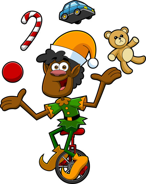 圣诞老人的黑色精灵助手卡通人物与玩具杂耍和骑单轮自行车图片下载