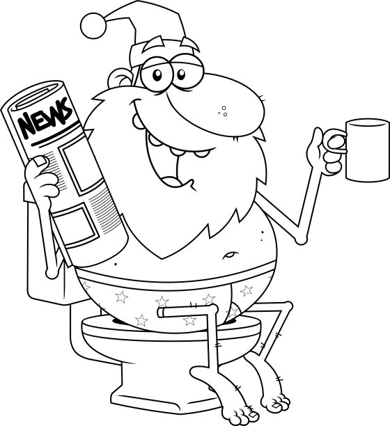 用报纸和咖啡勾勒出厕所里快乐的圣诞老人卡通形象图片下载