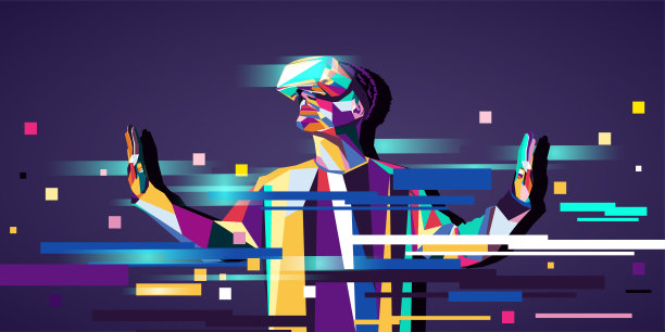 一个戴着虚拟现实眼镜的人的矢量插图。现代科技的概念。在现代艺术风格中图片下载