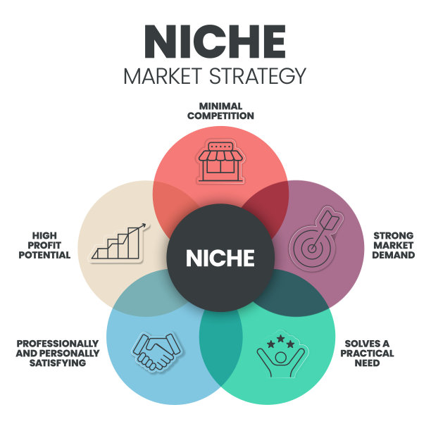 利基市场战略信息图展示模板，包含竞争、市场需求、实际需求、高利润潜力、专业和个人满意度等图标。业务向量。图片下载