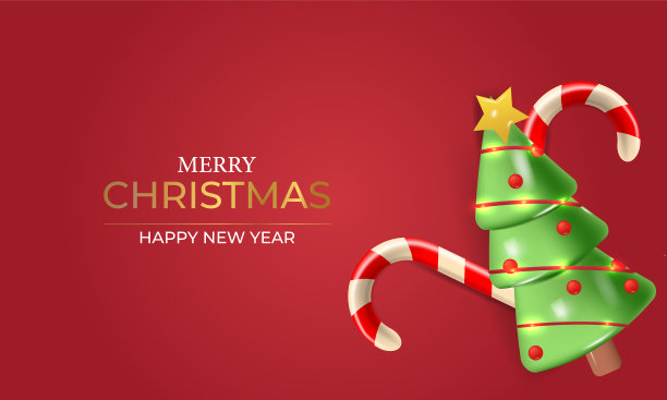 有星星的圣诞树。圣诞快乐，新年快乐，红色背景的祝福。逼真的三维设计的对象，光，小球，糖果拐杖。向量图片下载