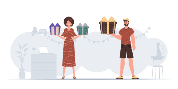 男人和女人拿着礼物。圣诞礼物概念。图片下载