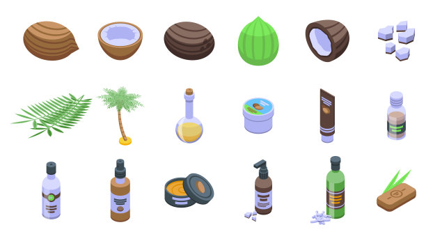 椰子化妆品图标设置等距矢量。牛奶油图片下载