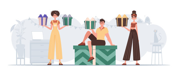 一群人手里拿着一个礼品盒。现代平面矢量插图。图片下载