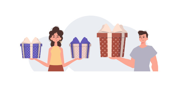 男孩和女孩手里拿着一个节日礼品盒。圣诞节或新年的礼物概念。图片下载