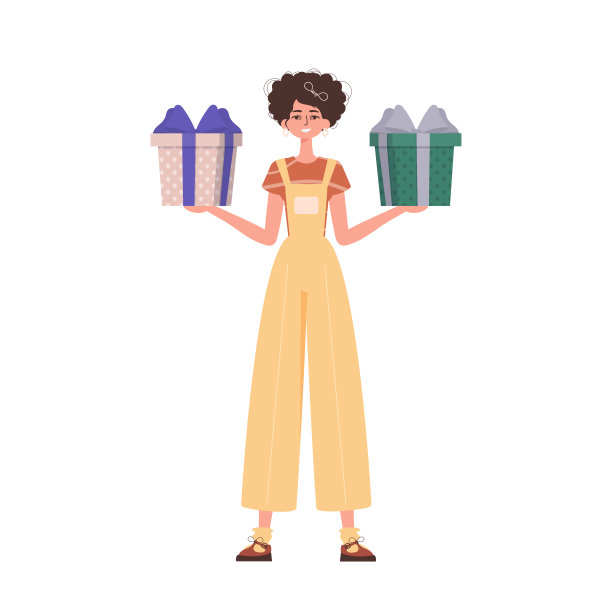 这个女孩拿着一份礼物。现代平面彩色矢量插图。图片下载