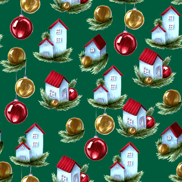 无缝的手绘圣诞树装饰图案:木房子和松枝上的球，绿色的背景图片下载