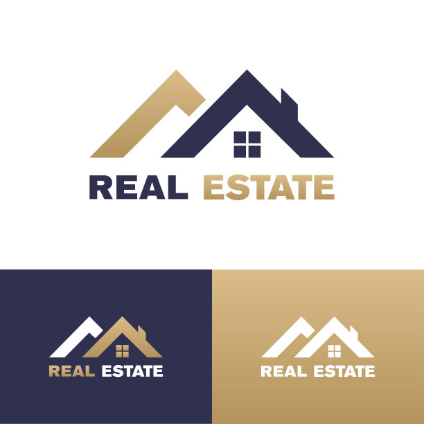 时尚和创意的标志，标志，设计，图标，概念在蓝色和金色的房地产公司图片下载