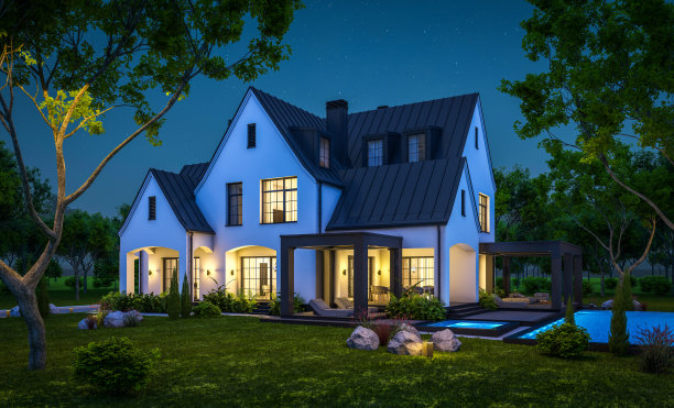 白色和黑色的现代都铎式房屋在夜间的三维渲染图片下载