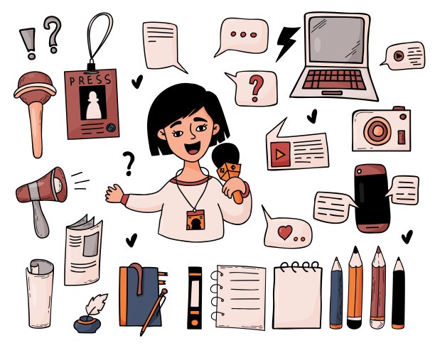 收集新闻。可爱的女孩记者记者与麦克风，广播录音，笔记本电脑，报纸记事本和记者证，电话与在线消息。孤立矢量颜色绘制。图片下载