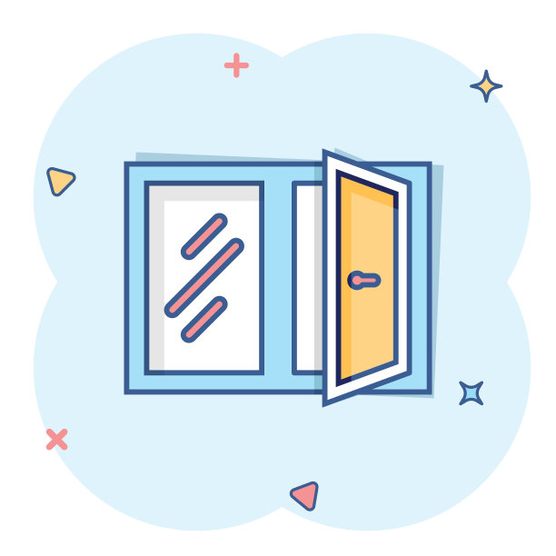 漫画风格的窗口图标。开窗卡通矢量插图在孤立的背景。住宅室内飞溅效果招牌经营理念。图片下载