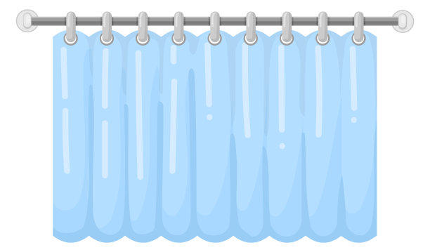 浴室窗帘图标。蓝色的浴帘单独挂在白色上图片下载