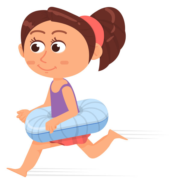 女孩带着游泳圈跑步。有充气甜甜圈的快乐孩子图片下载