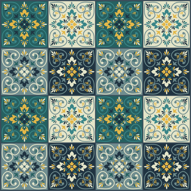 无缝彩色瓷砖与伊斯兰教，阿拉伯语，印度，奥斯曼图案。马略利卡瓷砖。葡萄牙语和西班牙语azulejo。图片下载
