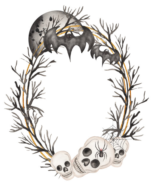 水彩手绘万圣节花环。恐怖的派对框架与骷髅插画，蝙蝠，黑月亮，树枝和蜘蛛剪贴画。带有万圣节符号的节日模板卡片。图片下载