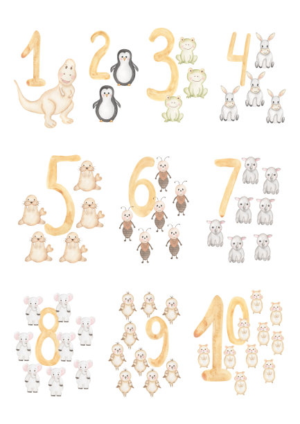 带有可爱动物和数字的水彩儿童海报。米色的婴儿角色。儿童房装饰。非常适合做邀请函，贺卡，宝宝送礼会图片下载
