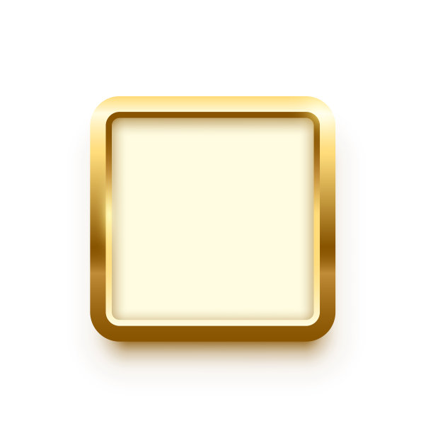 白色按钮在正方形黄金框架矢量插图。3d逼真的闪闪发光的金属金色物体上的按钮点击网站，抽象的徽章元素设计或奖章孤立在白色背景图片下载