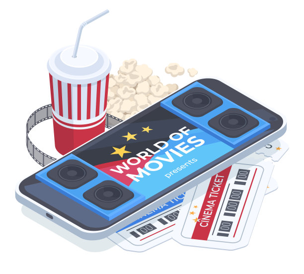 等距电影院，影院应用程序。智能手机屏幕上的家庭影院，3D眼镜和爆米花矢量插图。流媒体服务网站图片下载