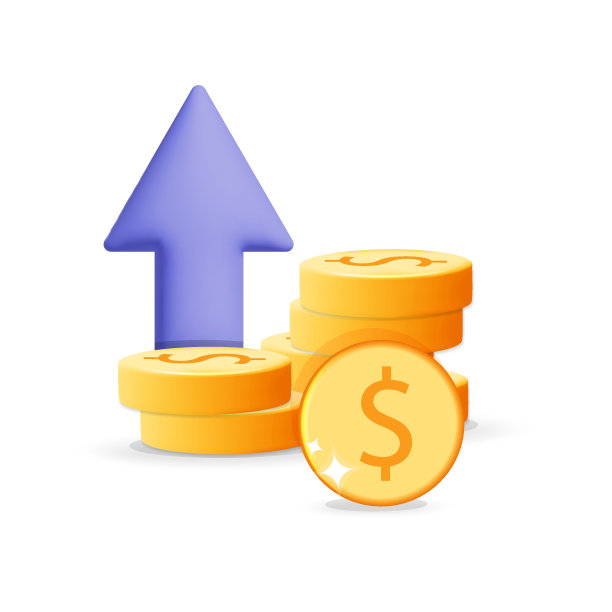 3d矢量卡通渲染堆叠的金币与箭头向上，成本上升的图标和利润利益增加的符号设计图片下载