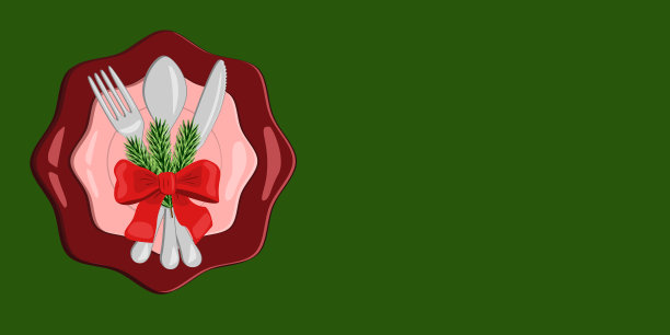 圣诞餐盘用叉子、勺子和刀，用红色的蝴蝶结和圣诞树树枝装饰，矢量图片下载