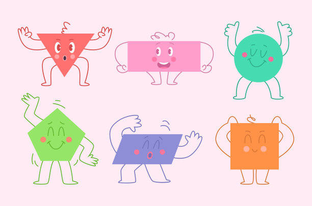 几何特征。有趣的抽象人物与脸不同的情绪简单的形状形成圆三角形正方形精确的矢量模板图片下载