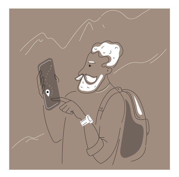 一名年长的男性旅行者正在看手机上的地图。矢量涂鸦轮廓插图图片下载