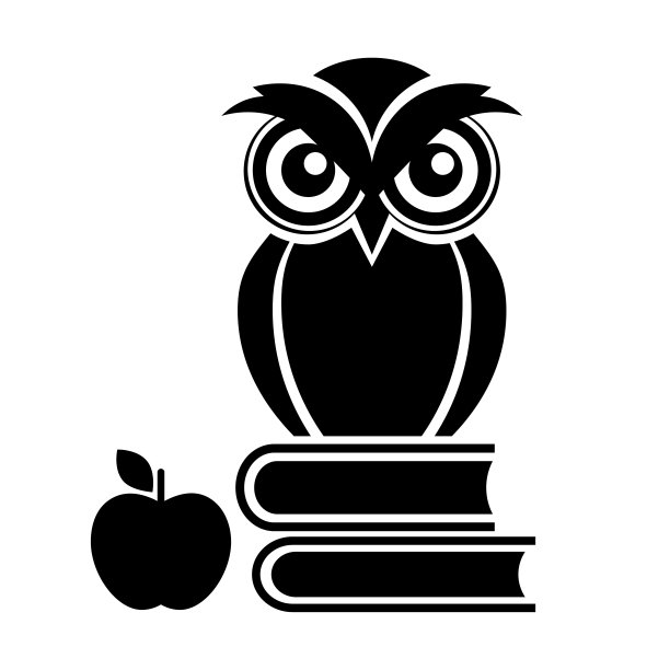 猫头鹰图标。标志的鸟与书和一个苹果在白色的背景。矢量插图。图片下载