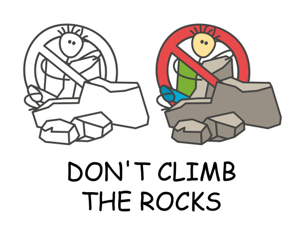 有趣的矢量棍子人的儿童风格。禁止爬红色标志牌的岩石。停止标志。禁酒令标志贴纸的地方。隔离在白色上图片下载