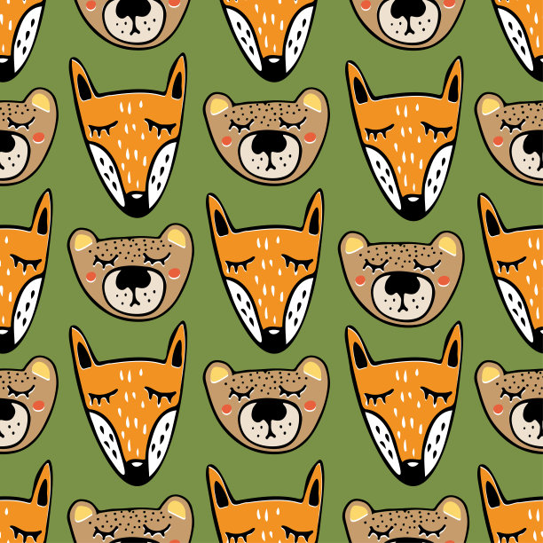 可爱的手绘狐狸和熊头无缝模式图片下载