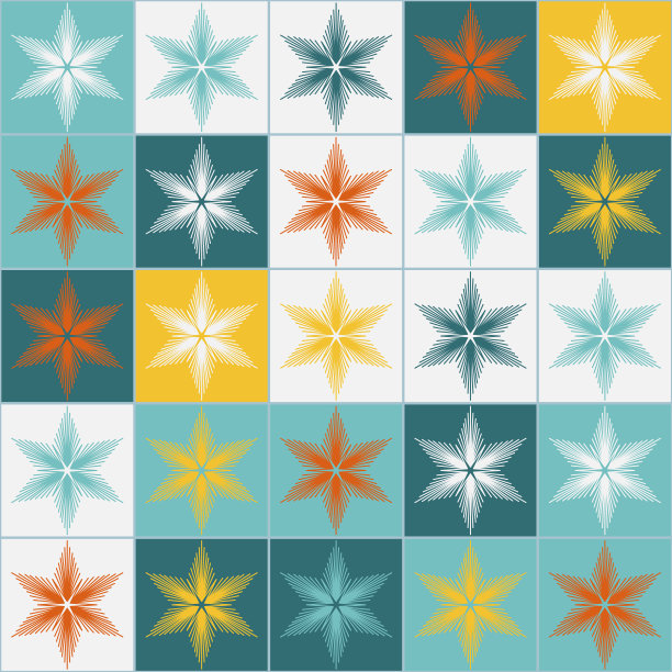 绿色，黄色，橙色，白色雪花无缝图案的圣诞装饰。圣诞雪花广场艺术矢量插画图片下载