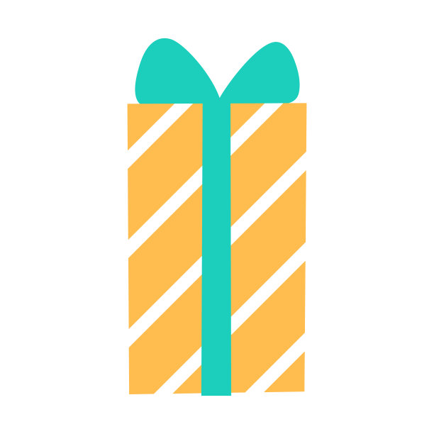 黄色礼品盒扁平图标孤立在白色背景上。彩色条纹与绿色丝带蝴蝶结。节日活动聚会购物打折标志。最小元素设计。惊奇矢量插图。图片下载