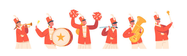 带有儿童音乐家角色的胜利游行。军乐团演奏乐器长笛、鼓图片下载