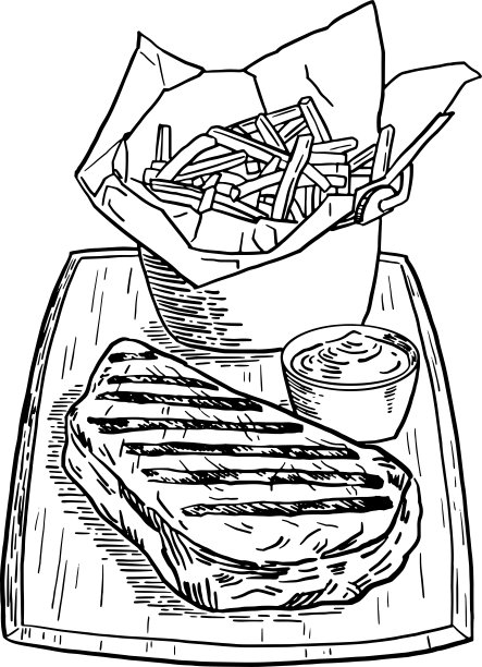 肋眼牛排美食烤肉片配炸土豆手绘线条艺术插画图片下载