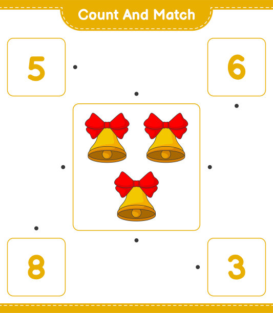 数和配对，数圣诞钟的数量，并与正确的数字配对。教育儿童游戏，可打印的工作表，矢量插图图片下载